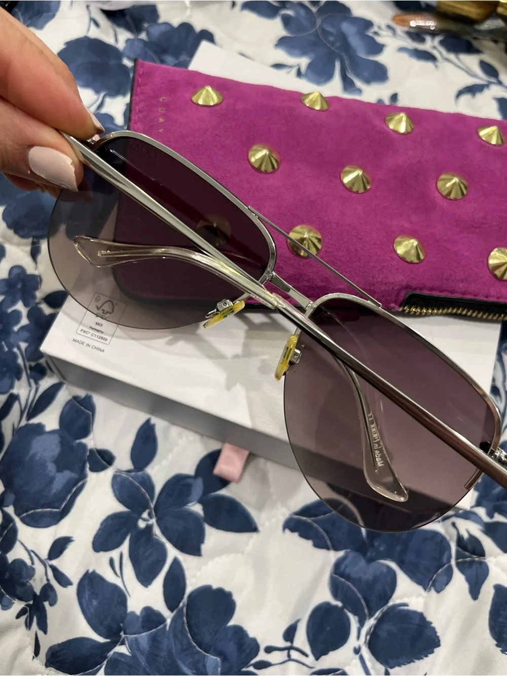 Quay Australia Women's Aviator Sunglasses in Smoke with Pink Stud Pouch